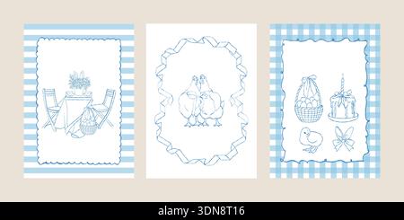 Easter invitation templates. A vintage set of Easter greeting cards featuring hand-drawn illustrations of a chick, hens, Easter baskets with eggs, a cake, and a festive table setting in soft pastel blue tones with retro patterns. Vector illustration. Stock Vector