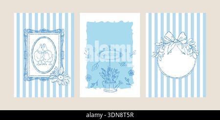 Easter and spring invitation templates. A vintage set of Easter greeting cards featuring hand-drawn illustrations of chickens, flowers, and spring wreaths in soft pastel blue tones with retro patterns. Vector illustration. Stock Vector