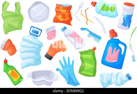 Plastic waste. Garbage pollution, disposable package tableware broken plastic bottles non recyclable trash bag plate straw crushed cup rubbish litter junk, neat vector illustration original artwork Stock Vector