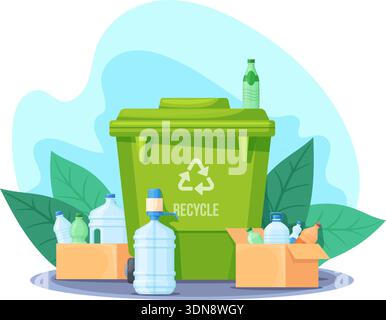 Recycling waste bin. Trash sorting, garbage management concept eco friendly green container separated plastic bottles dumpster clean nature environment neat vector illustration original artwork Stock Vector