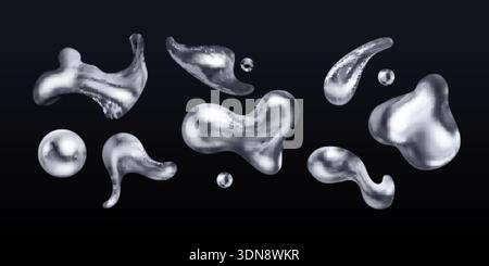 Chrome blob. Realistic silver 3d metal liquid drop, mercury blot organic fluid splash abstract y2k shape iron element melt tin molten aluminium texture, exact vector illustration original artwork Stock Vector