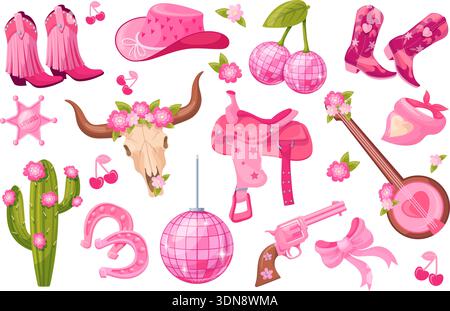 Cow girl set. Cowgirl disco ball, cherry bow hat boots sheriff badge texas preppy girly wild west rodeo party y2k cowboy gun cactus western accessories, neat vector illustration original artwork Stock Vector