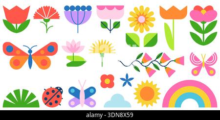 Vector spring design elements set. Geometric flowers, butterflies, bugs, rainbow, sun. Modern colorful illustration for seasonal branding, pattern, in Stock Vector