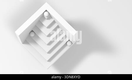 A clean, all-white sculpture features a stepped pyramid within a square frame and three spherical accents. Elegant, modern, and versatile for branding Stock Photo
