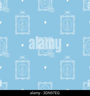 A cute blue and white Easter vintage seamless pattern with geese, chickens, vintage frames, bows, and hearts. Hand-drawn flirty doodles. Vector white Stock Vector