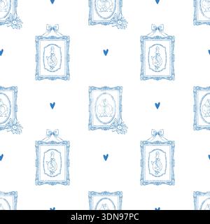A cute blue and white Easter vintage seamless pattern with geese, chickens, vintage frames, bows, and hearts. Hand-drawn flirty doodles. Vector blue o Stock Vector