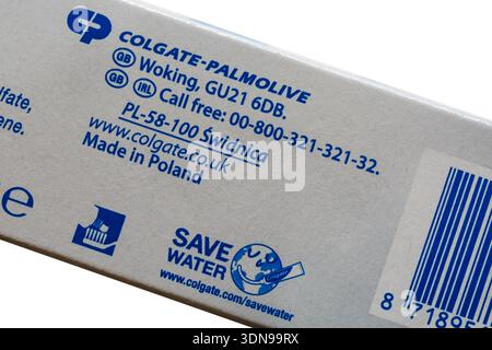 detail on box of Colgate White Teeth toothpaste for naturally whiter teeth made in Poland Stock Photo