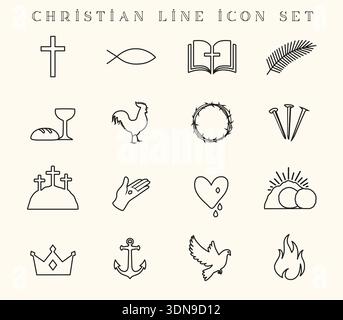 Easter Sunday or Holy Gospel line icons set. Christian Holy Week  line icon for church greeting card or web banner for service invitation. Vector Stock Vector
