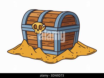 Pirate island cartoon treasure chest on sand, treasure map detail. Pirate island environment element, nautical adventure vector object. Closed wooden chest on beach, treasure map constructor detail Stock Vector