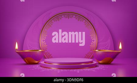 Indian diwali holiday podium stage vector background with realistic 3d diya lanterns. Diwali light festival purple podium, product display, stage or scene with circle pedestal and gold diya lamps Stock Vector