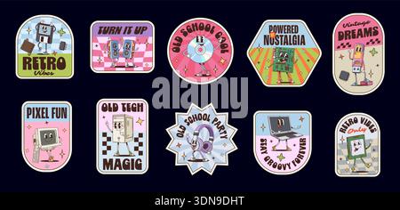 Computer groovy label stickers, device retro patches with vector slogans turn it up, old school cool, powered by nostalgia. Vintage dreams, pixel fun, old tech magic, old school party and retro vibes Stock Vector
