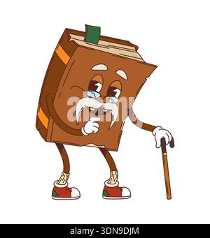 Cartoon groovy old book character with glasses, mustache and walking cane, wise elderly reader or teacher. Retro y2k hippie vector clever personage. education, literature, school or library mascot Stock Vector