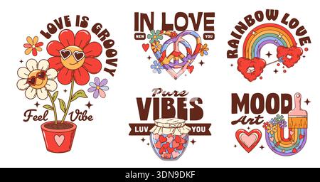 Valentine's Day hippie groovy love labels and heart stickers set. Funny y2k daisy flowers vector mascots with hippy rainbow, heart shaped sunglasses, candy and peace symbols, groovy Valentine stickers Stock Vector