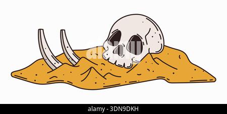 Pirate island cartoon human skeleton, treasure map detail. Pirate adventure, treasure hunting vector element. Corsair map constructor and island environment detail with human bones and skull on beach Stock Vector