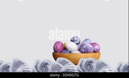 Easter themed image with eggs in a jar, abstract wavy details, isolated on light background. Bright, spring, multicolored wallpaper. Modern Easter Stock Photo
