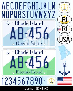 Rhode Island US state car license plate pattern, letters, numbers and symbols, vector illustration, USA Stock Vector