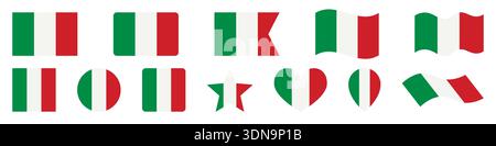 Italy flag icons set, Italian flag set, Italy flag vector symbols isolated, Italian flags collection, round, square, heart, star, pin Stock Vector