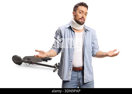 Man in a neck brace after an electric scooter accident isolated on white background Stock Photo