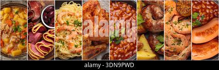 Collage collection long horizontal menu banner various meals and food assorted Stock Photo