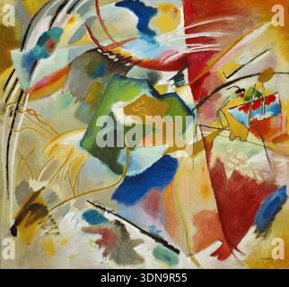 Painting with Green Center by Vasily Kandinsky, 1913, dynamic abstract composition with interlocking colored forms and gestural brushstrokes suggesting movement and energy Stock Photo