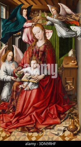 Virgin and Child Crowned by Angels by Colijn de Coter, 1490/95, oil on panel. Woman in red robe holds reading child while angels place crown above her head in domestic interior with symbolic objects Stock Photo
