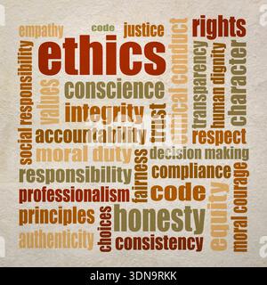 ethics, integrity, honesty, social responsibility and moral choices word cloud Stock Photo