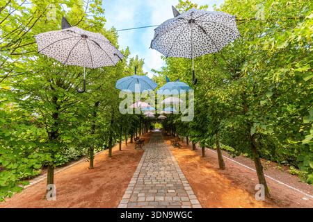 Stone path lined with colorful umbrellas at Ogrody Kapias in Poland, surrounded by lush greenery and vibrant flowers, creating a picturesque garden sc Stock Photo