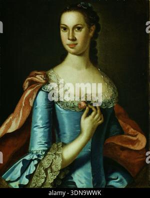 Mrs. William Carmichael by John Hesselius, 1764–78, portrait of an elegantly dressed woman in blue silk gown with ornate lace trim and draped rust-colored fabric Stock Photo
