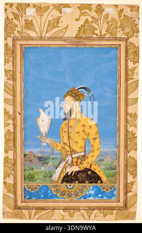 Portrait of Prince Azam Shah by Mughal, Late 17th/early 18th century, nobleman in gold patterned robe holding white falcon with jeweled glove against landscape Stock Photo