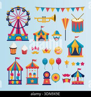 Colorful amusement park flat elements set. Cartoon carnival, circus and ...
