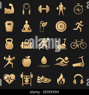 Fitness and Healthy Lifestyle Flat Icon Set with Sports and Wellness Symbols Vector Stock Vector