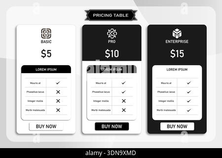 Modern Pricing Table UI Design with Three Subscription Plans Vector Stock Vector