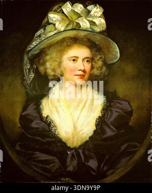 Mrs. Allan Maconochie by James Northcote, 1789, portrait of an elegantly dressed woman wearing a dark dress with cream fichu, adorned with an elaborate hat topped with white flowers and feathers Stock Photo