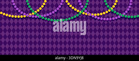 Mardi Gras banner with purple harlequin diamond pattern and hanging green, gold, and purple bead garlands. Festive carnival background for party. Stock Vector