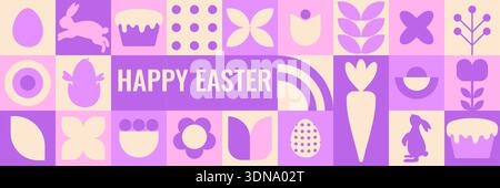 Happy Easter banner with minimalist elements: cute rabbits, Easter eggs, and abstract geometric shapes. The design in geometric style. Stock Vector