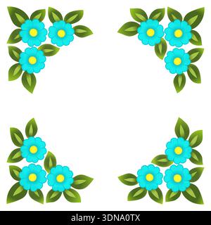 Square floral frame with place for text, photo, etc. Wreath of blue flowers. Spring blue flowers and green leaves. Bright florals mandala illustration Stock Vector