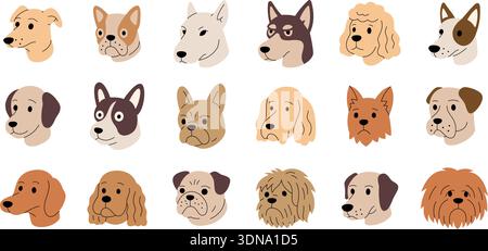 Cartoon dog breed set. Cute puppy faces collection for pet logos, stickers and children designs Stock Vector
