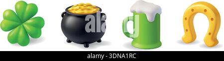 St. Patricks Day set. Clover, pot of gold, green beer mug, and golden horseshoe. 3D festive vector illustration Stock Vector