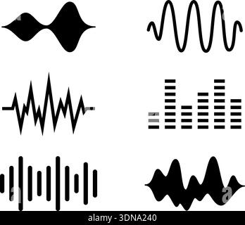 Abstract sound and music waveforms. Black vector icons of audio signals, frequency shapes and equalizer bars. Stock Vector