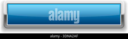 Rectangle blue button with chrome frame. Glossy metal texture Stock Vector
