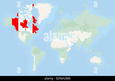 Canada Highlighted on World Map with National Flag. Vector world map with Canada highlighted using its national flag. Stock Vector