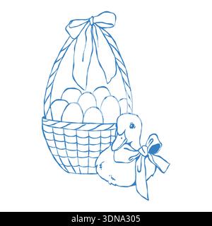 A wicker basket with Easter eggs and a duckling with a bow. Easter outline illustration. A spring composition in a vintage style. Hand-drawn in blue. Stock Vector