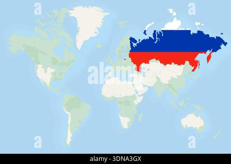 Russia Highlighted on World Map with National Flag. Vector world map with Russia highlighted using its national flag. Stock Vector