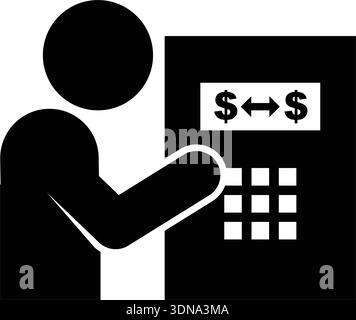 ATM transfer funds icon pictogram illustration showing customer transferring money between bank accounts Stock Vector