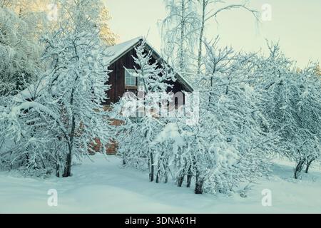 Espoo, Finland - December 31, 2023: Red brick house surrounded by deep snow and frozen trees in a winter forest. Traditional Finnish architecture in S Stock Photo