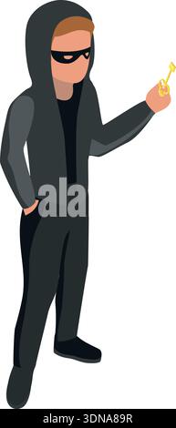 Hacker hold security key. Cyber criminal isometric icon Stock Vector
