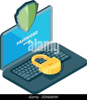 Cyber security icon. Isometric laptop with green shield Stock Vector