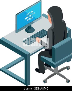 Computer protected with security code. Cyber safety isometric icon Stock Vector