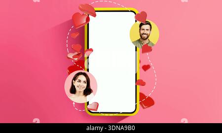 Collage Showing Smartphone With Heart Symbols and Images of People Connected Through Communication Stock Photo