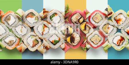 Various Sushi Dishes Arranged on Colorful Backgrounds With Distinct Presentations Stock Photo